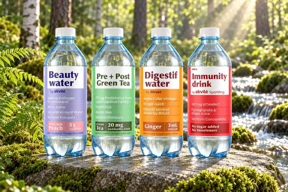 Beauty Water, Pre + Post Green Tea, Digestif Water and Immunity Drink beside a clear forest stream — campaign artwork