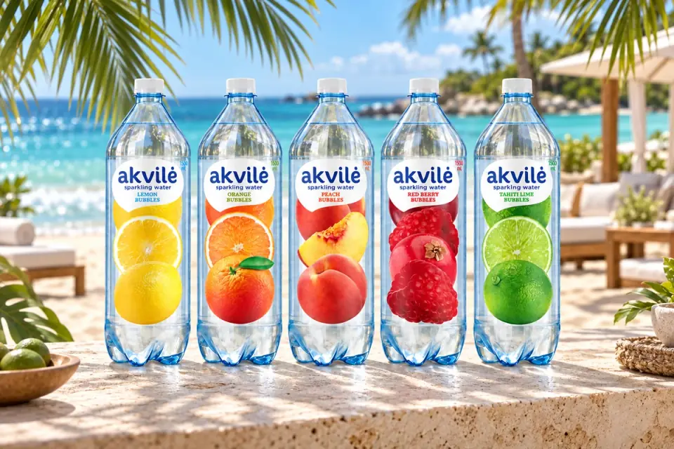 Five Akvilė Bubbles flavours beside a turquoise sea and palm-lined beach — campaign artwork